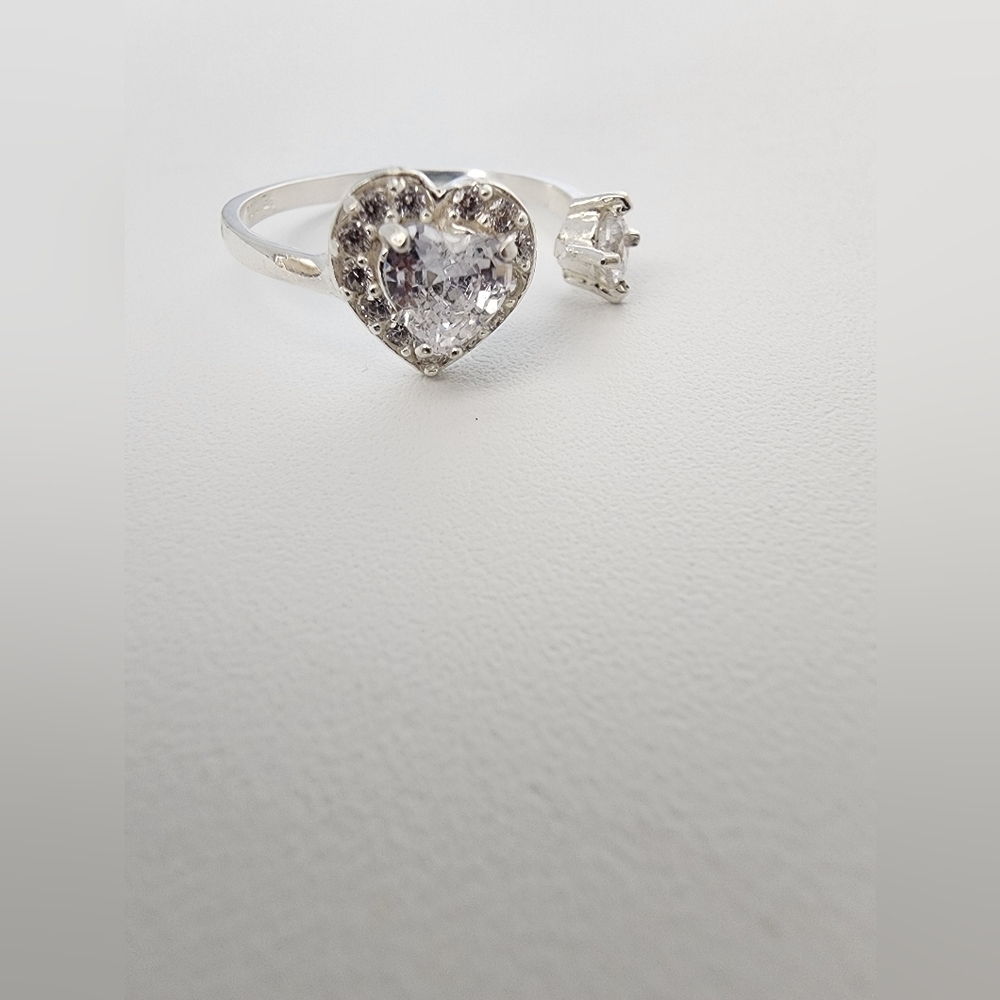 Sterling Silver 925 Heart Ring Open Band CZ Adjustable Dainty Cute
